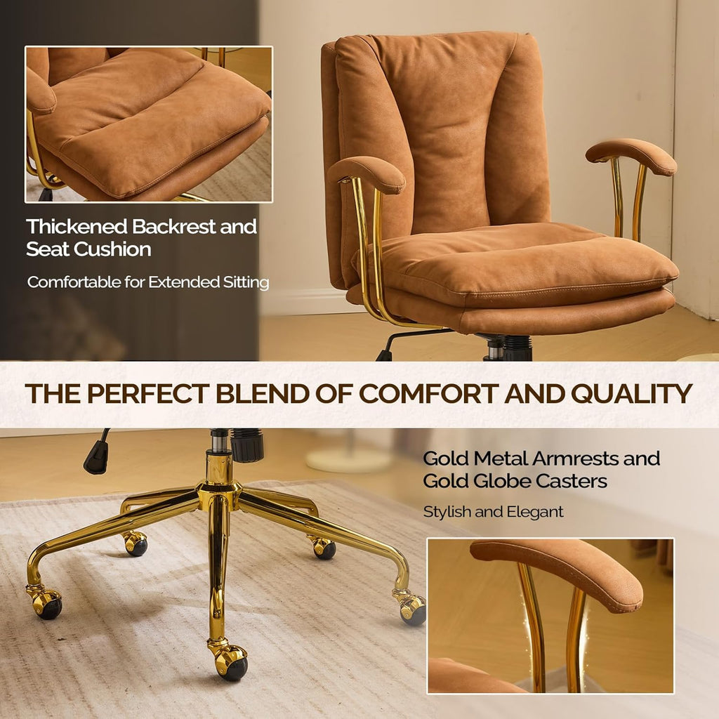 VINGLI Home Office Desk Chair Comfy with wheels&Removable Armrests,Gold Base Vanity Chair with Back,Adjustable Rolling Swivel Computer Task Chair for Study,Makeup,Office,Bedroom,Microfiber/Suede,Brown