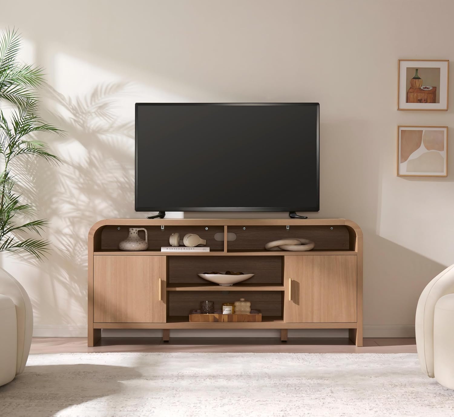 TV Stand for TVs Up to 65'' - Unique Curved Profile, FSC-Certified Wooden Board Entertainment Center with Adjustable Shelves and Storage Cabinet Modern Media Console for Living Room