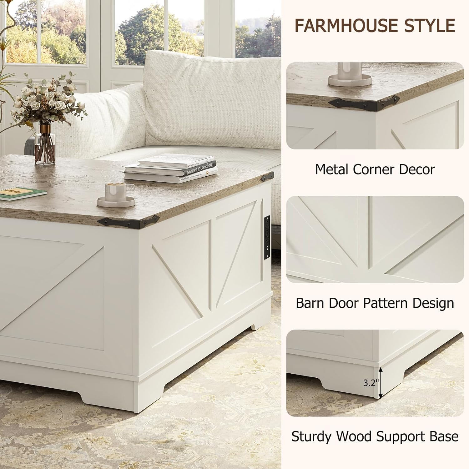 EAG 40" Large Farmhouse Lift Top Coffee Table with Hidden Compartment & Power Outlets, Square Wooden Coffee Table with Multi-Function Flip-Top Ample Storage Center Table for Living Room, White