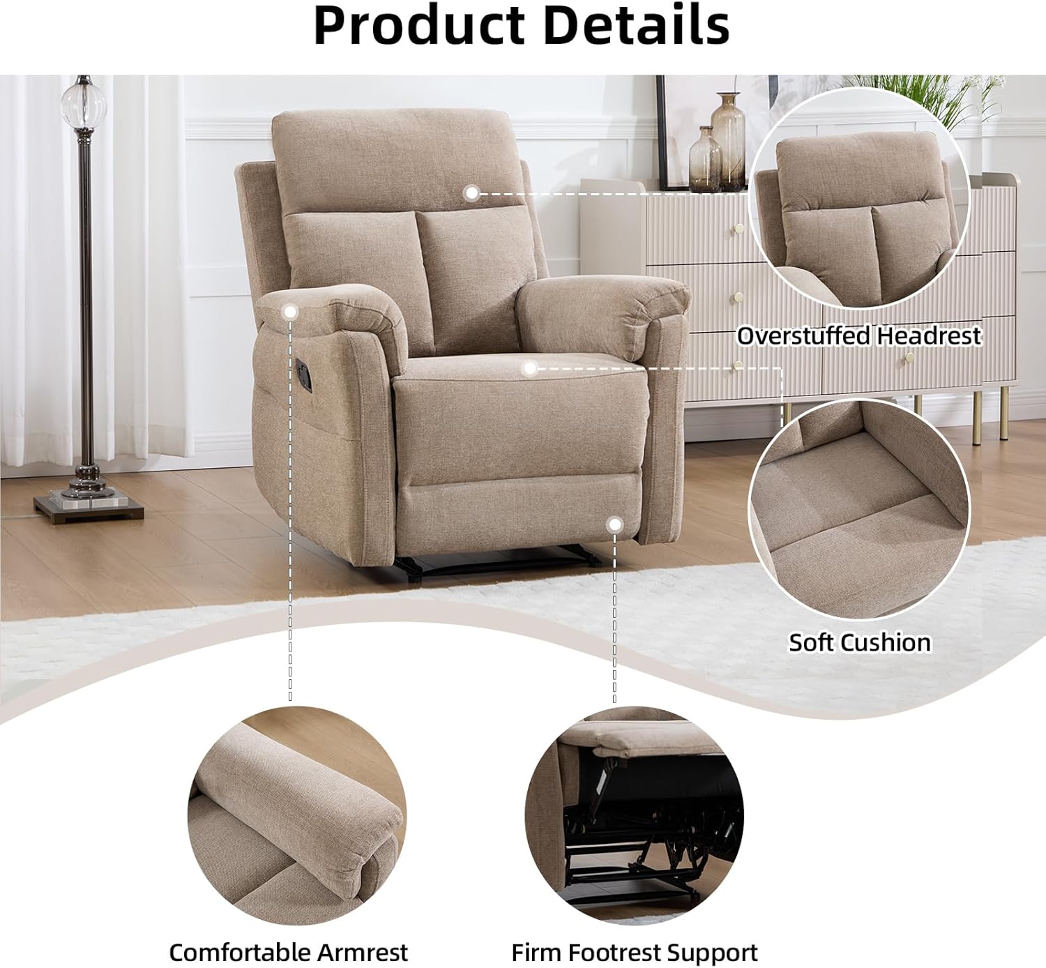 Manual Recliner Chair, Soft Fabric Recliner Chair for Adults with Overstuffed Arms and Back, Single Sofa for Living Room (Camel)