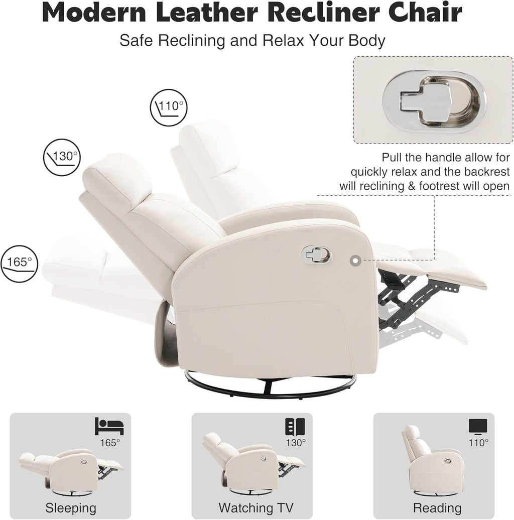 Swivel Rocker Recliner Chair, Manual Faux Leather Recliner, Glider Rocking Recliners 360°Swivel Nursery Reclining Chairs with Adjustable Headrest Highback for Living Room, Cream