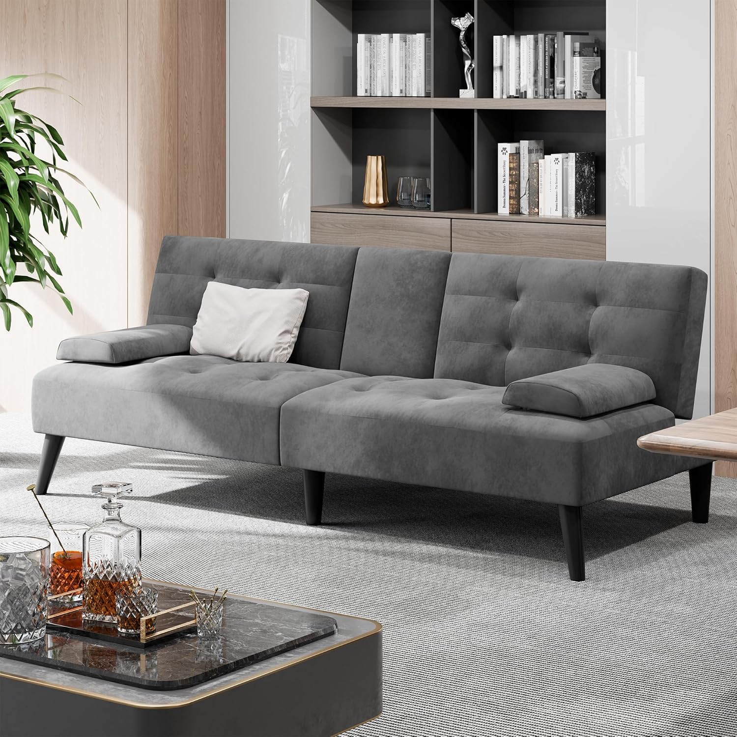 Shintenchi Futon Sofa Bed, Velvet Foldable Couch, Reclining Sleeper with Removable Armrests, Upholstered Loveseat Sofa Couch with Folding Cup Holders for Home, Office, Dark Grey