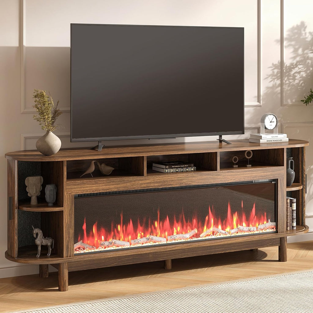 70" Farmhouse TV Stand with 50" Fireplace for TVs up to 85" 80" 75" 70" 65", Media Entertainment Center with Large Storage Cabinet,Sliding Doors for Living Room, Walnut