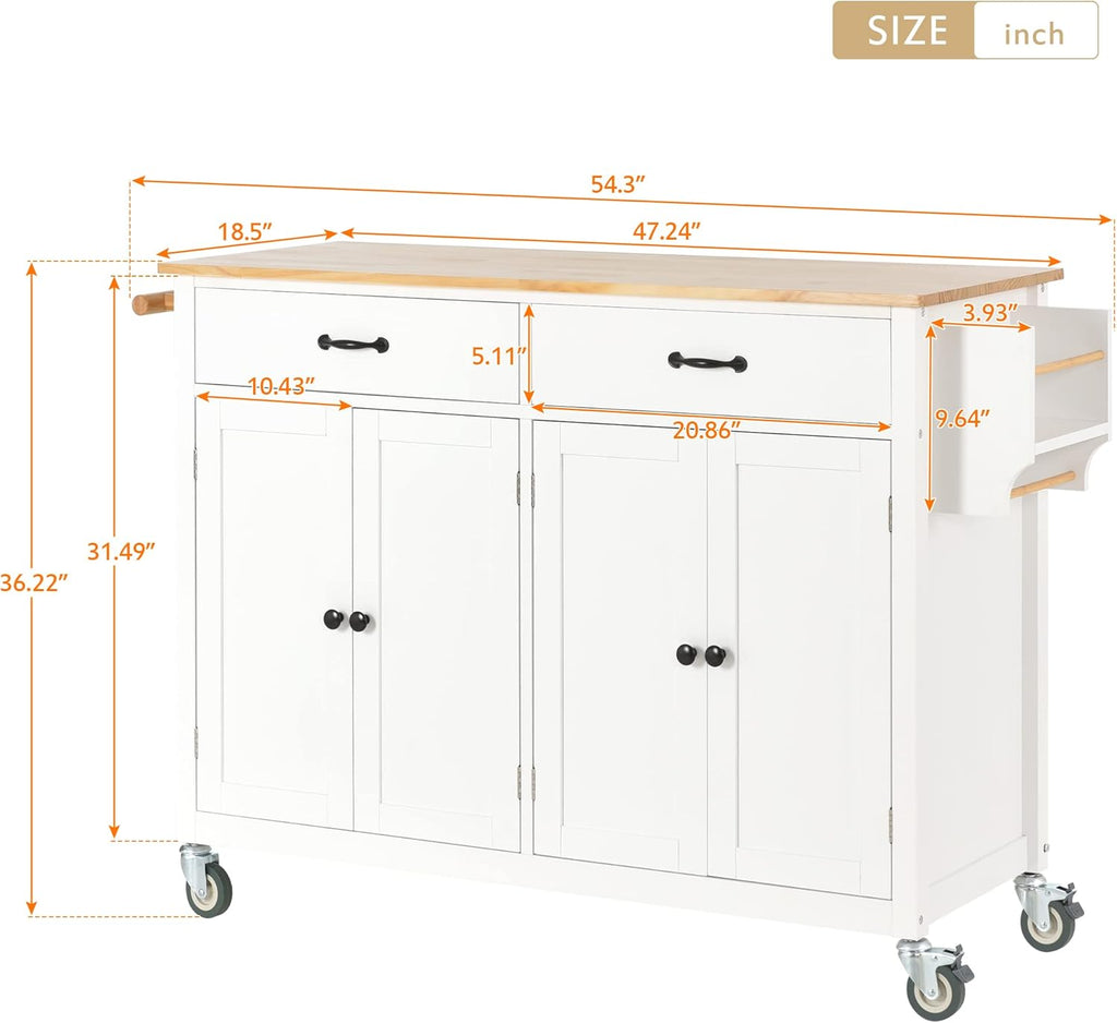 Merax Rolling Mobile Kitchen Island Cart with Wood Top and Locking Wheels, 4 Door Cabinets and 2 Drawers, Spice & Towel Rack, 54.3 Inch Width, White