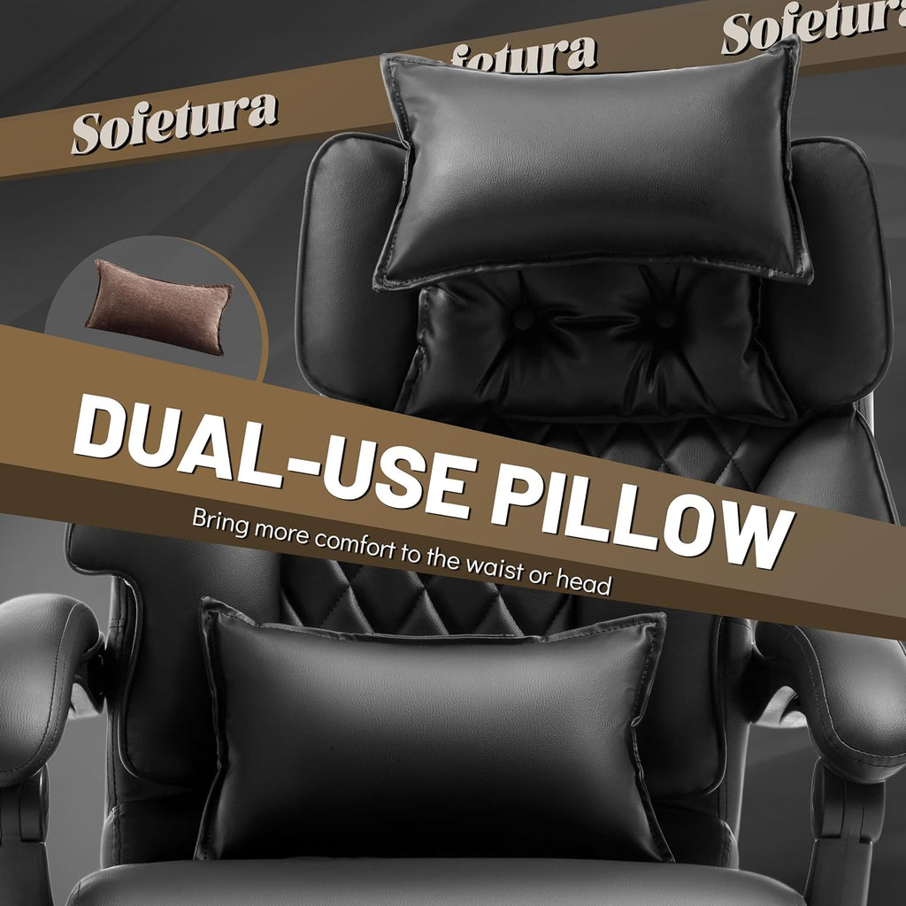 Massage Office Chair with Foot Rest,6 Points Vibration & Heat Executive Office Chairs for Heavy People,500LBS Big and Tall Office Chair,Ergonomic Reclining Desk Chair,Dual-Use Pillow,Black