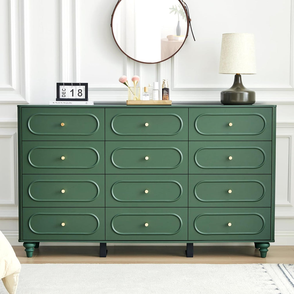 ORRD 12 Drawer Fluted Dresser for Bedroom, Mid Century Modern Chest of Drawers, Wood Storage Small Dresser Organizer for Bedroom Living Room Hallway Closet, Green