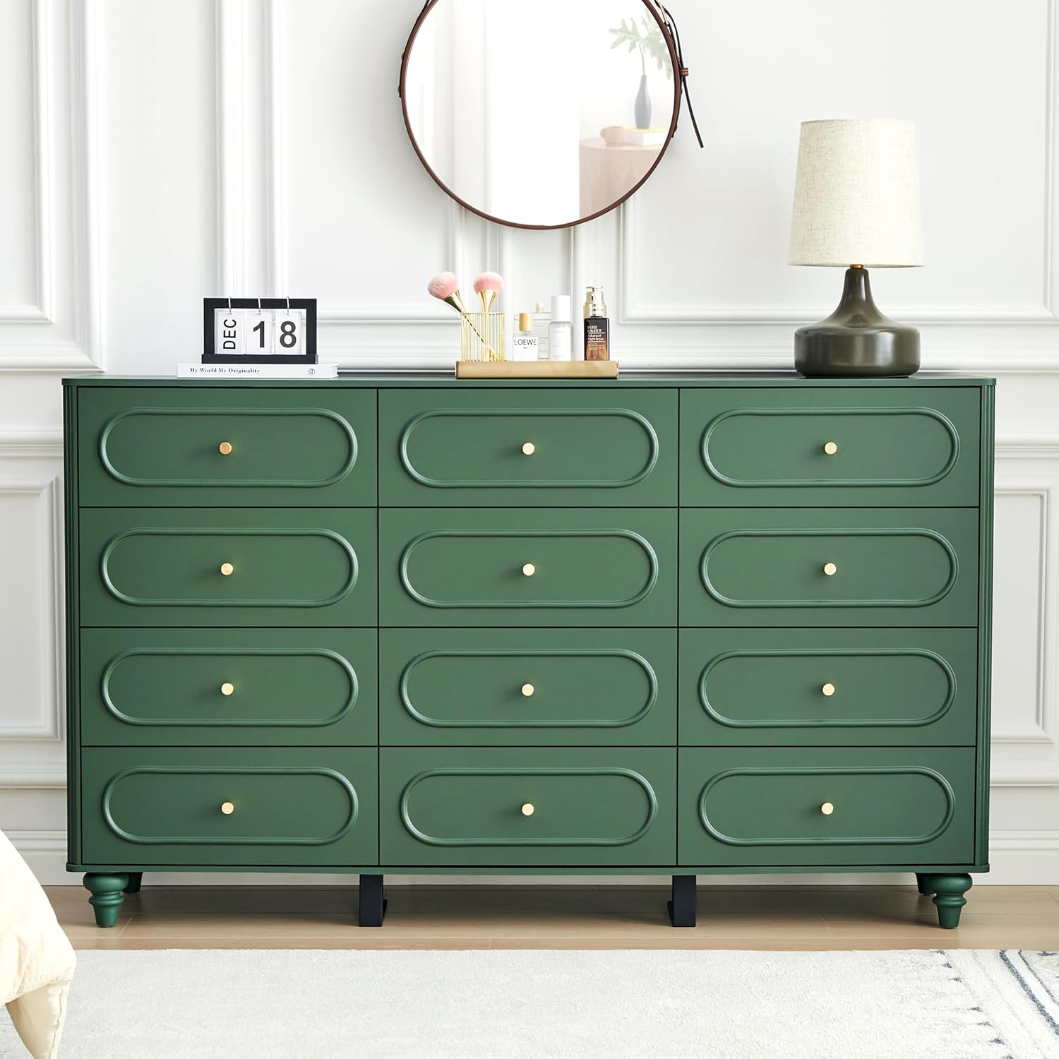 ORRD 12 Drawer Fluted Dresser for Bedroom, Mid Century Modern Chest of Drawers, Wood Storage Small Dresser Organizer for Bedroom Living Room Hallway Closet, Green
