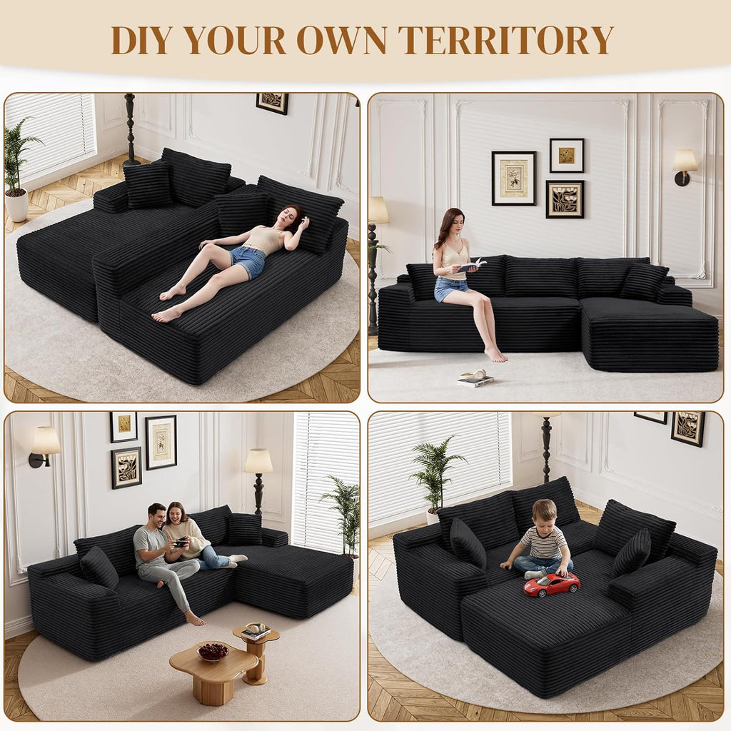 95" Boneless Cloud Sectional Couches for Living Room, Comfy Fluffy L Shaped Deep Seat Memory Foam Boneless Couch, Modular Sectional Sofas with Right Facing Chaise, Black