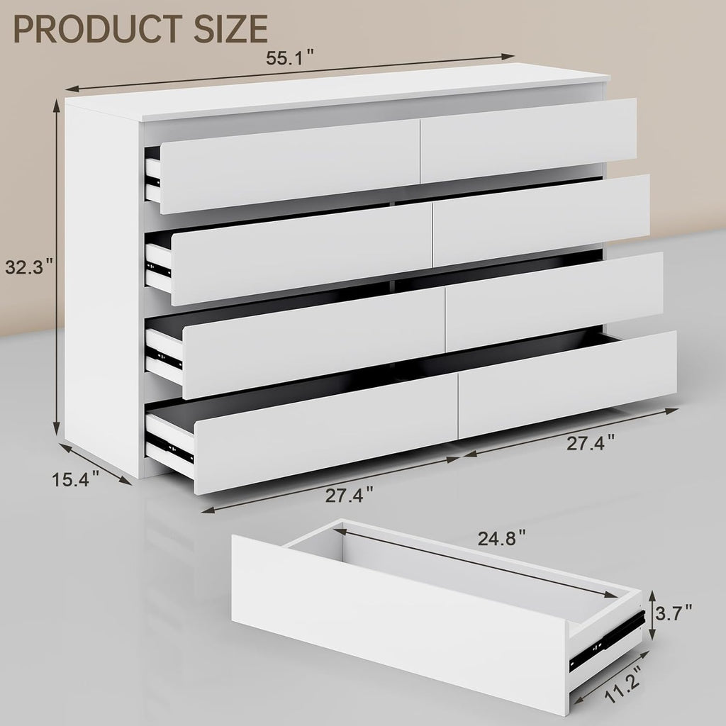 White Wood Dresser for Bedroom, 8 Drawer Dressers for Clothes Storage, Modern Dresser with Wide Drawers, Wide Wooden Chest Drawers for Living Room, Entryway, TV Stand(55" W x15.4 Dx32.3 H)