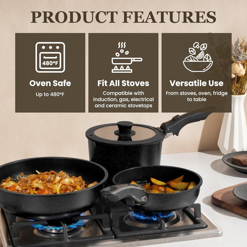 KIKCOIN Nonstick Pots and Pans Set 24 Pack - Kitchen Cookware Set with Detachable/Removable Handle - Cooking Pans Set with Frying Pans, Egg Pan - Stackable, Oven Safe, Induction Ready