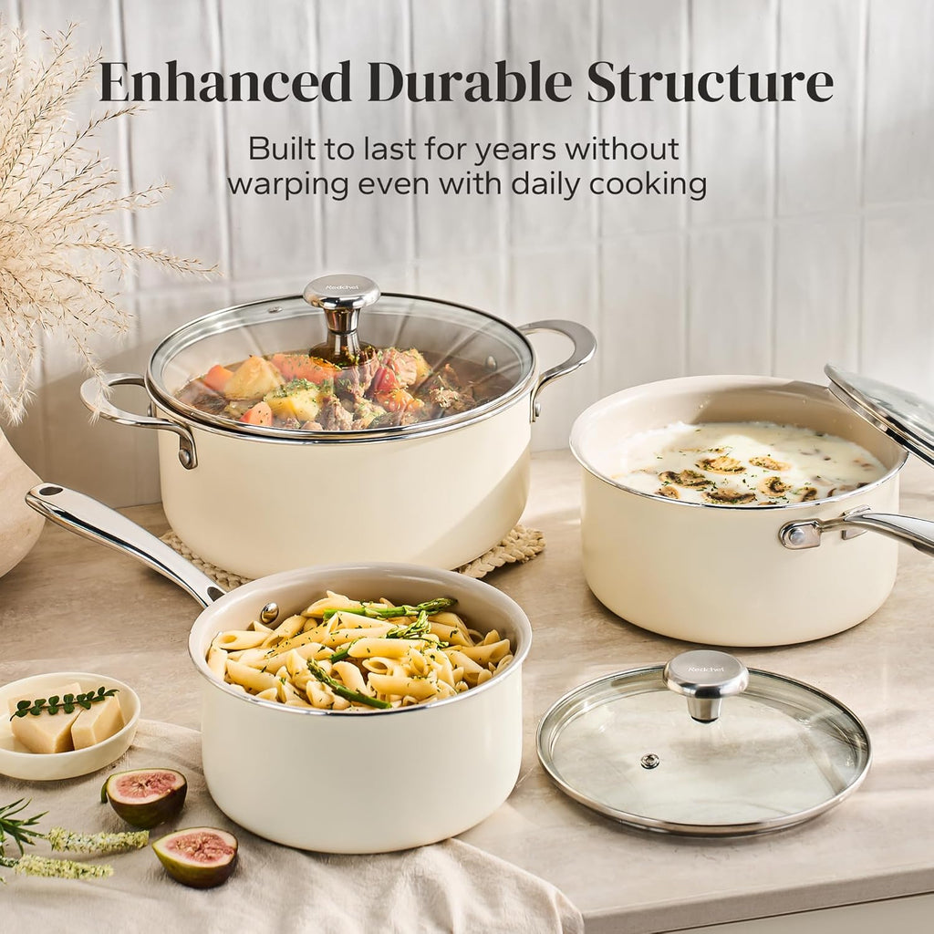 Redchef Cooking Pot Set Induction 5Qt, Saucepan Set 2.5/3.5Qt and 2.5QT Small Saucepan, Stay-Cool Handles, Oven/Dishwasher Safe, PTFE PFAS Free (Beige)