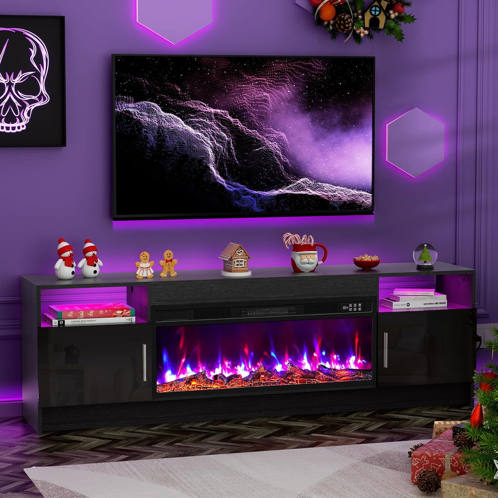 BREEZEHEAT 70" Electric Fireplace TV Stand for 80'' TV-Entertainment Center with 36'' Fireplace and Led Light-TV Table with Storage, High Glossy Door, Modern TV Console for Living Room, Black