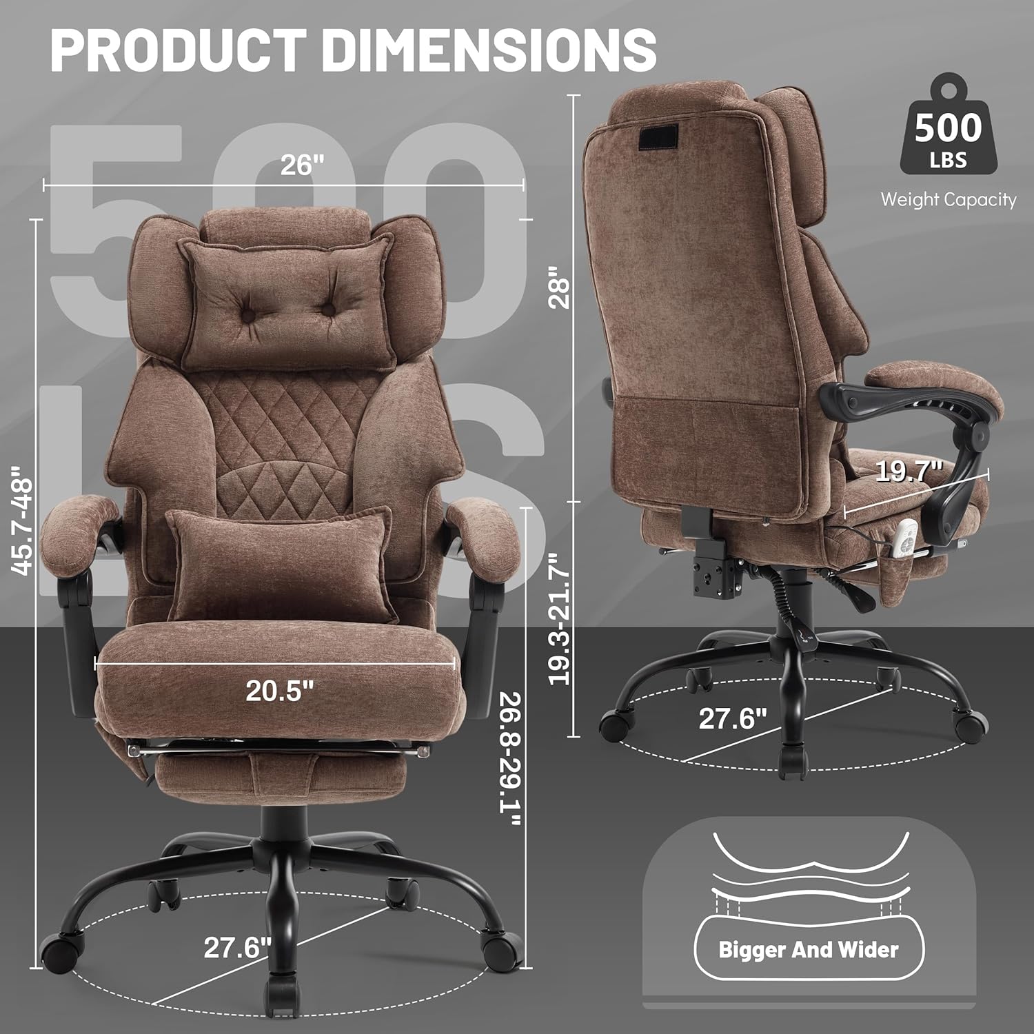 Massage Office Chair with Foot Rest,6 Points Vibration & Heat Executive Office Chairs for Heavy People,500LBS Big and Tall Office Chair,Ergonomic Reclining Desk Chair,Dual-Use Pillow,Brown