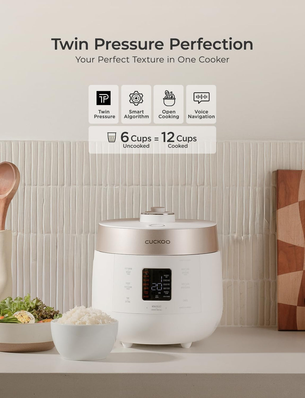 CUCKOO Twin Pressure Rice Cooker 6-Cup Uncooked / 12-Cup Cooked with Nonstick Inner Pot, Versatile Rice Maker & Warmer with 16 Menu Options, Open Cooking Mode, Voice Guide, White (CRP-ST0609FW)