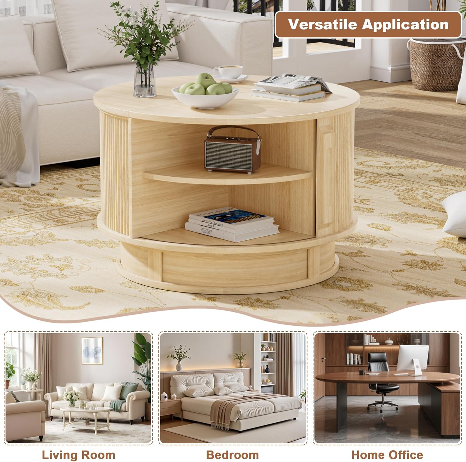 31.5" Round Fluted Coffee Table with Hidden Storage, Modern Wood Coffee Table with Flip-Up Hinged Tabletop, Divided Compartments and Rotating Base for Living Room & Apartment (Natural Wood)