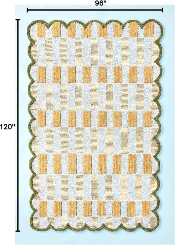Hand-Tufted Wool Area Rug with Scalloped Edges, Plaid Pattern, Cozy Soft Accent Rug for Living Room, Bedroom, and Nursery, Handmade Decorative Carpet (5x8 Feet)