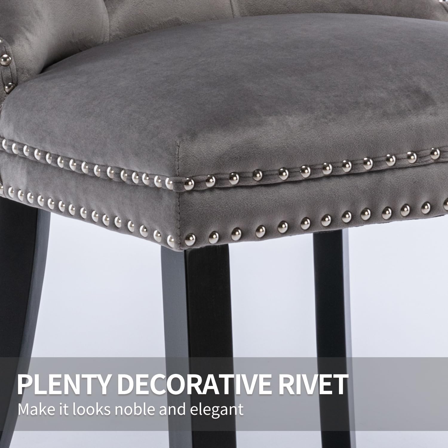 Modern Kitchen Chairs Set of 4 Grey Velvet Dining Room Chairs with Back Ring Pull Nailhead Trim Solid Wood Leg Upholstered Tufted Table Chair for Western Restaurant Living Powder Room Hotel