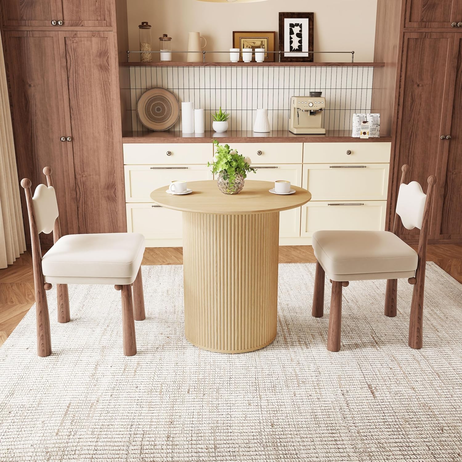 31.5" Small Round Dining Table for 2, Sturdy and Durable Natural Wood Dining Table Round with Fluted Base, Simple Setup Small Kitchen Table for Living Dining Room Office (Natural)