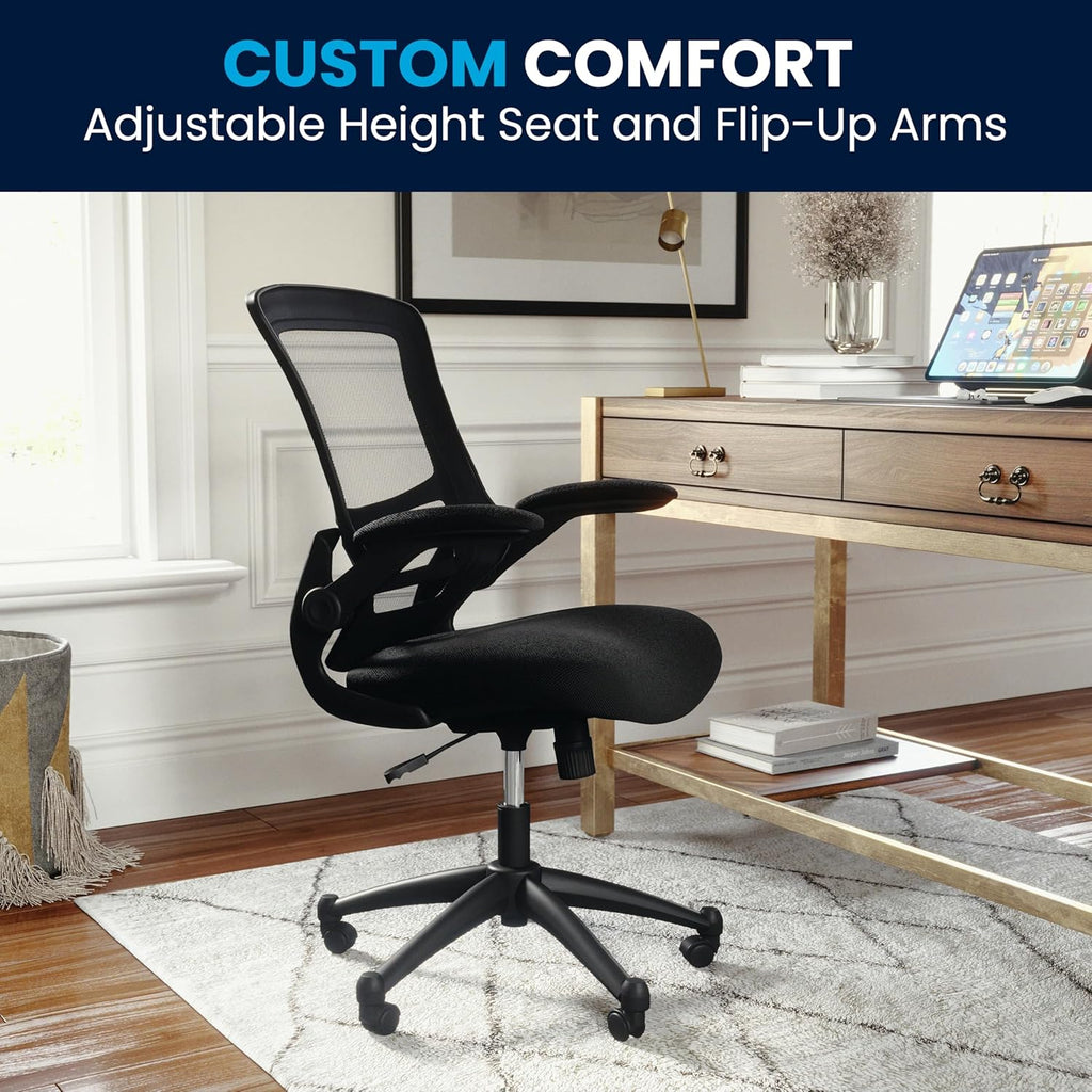 Flash Furniture Kelista Mid-Back Swivel Office Chair with Adjustable Seat Height, Ergonomic Mesh Desk Chair with Flip-Up Armrests, Black