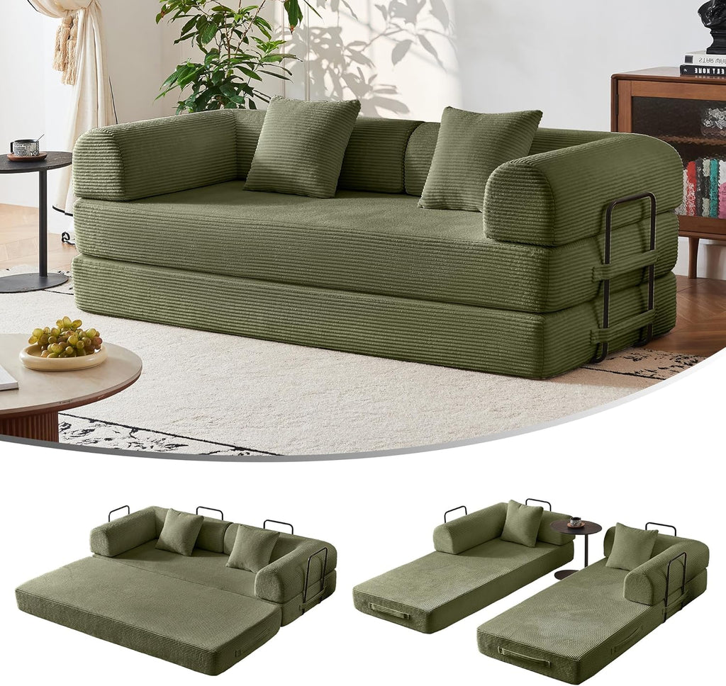 79'' Convertible Sofa Bed, 5-in-1 Folding Corduroy Sleeper Couch with Pull Out Bed, Oversized Modular Floor Sofa, No Assembly, Space-Saving Guest Bed for Apartment Living Room Bedroom (Light Green) | Convertible Sofa Bed