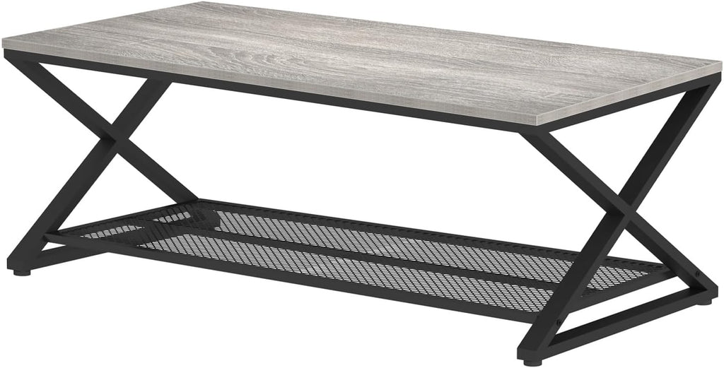 LVB Gray Coffee Table, Farmhouse Wood Metal Center Table with Storage for Living Room, Industrial Wooden 2 Tier Rectangle Cocktail Tea Table with Mesh Shelf for Office Bedroom, 47 inch, Light Grey Oak