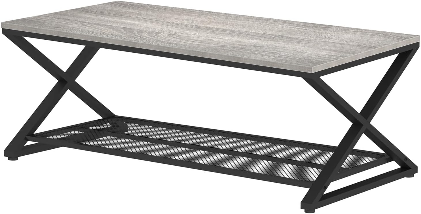 LVB Gray Coffee Table, Farmhouse Wood Metal Center Table with Storage for Living Room, Industrial Wooden 2 Tier Rectangle Cocktail Tea Table with Mesh Shelf for Office Bedroom, 47 inch, Light Grey Oak