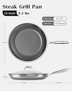 Nonstick Frying Pan with Lid 12-Inch, Durable Stainless Steel Skillet, Induction Cooktop Compatible, PFOA-Free Scratch-Proof, Dishwasher & Oven Safe, Stay-Cool Handle, Silver Kitchen Cookware
