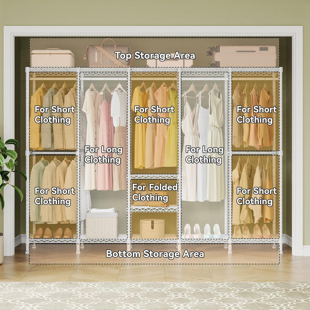 H5 Extra Large Heavy Duty Clothes Rack, Wire Garment Rack, Freestanding Clothing Rack for Hanging Clothes, Wardrobe Closet with Adjustable Shelf, 93.3" Wx15.7 Dx75.4 H, White, Load 1400 lbs