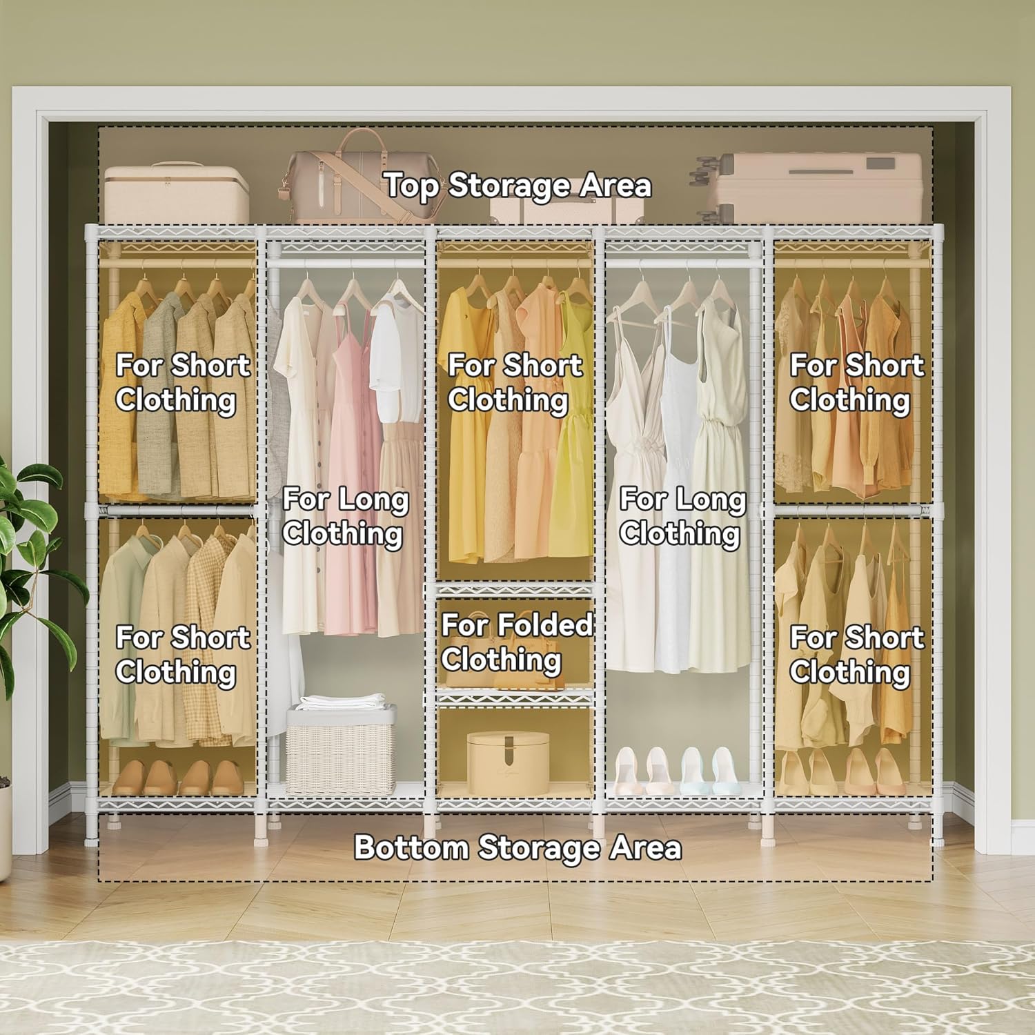 H5 Extra Large Heavy Duty Clothes Rack, Wire Garment Rack, Freestanding Clothing Rack for Hanging Clothes, Wardrobe Closet with Adjustable Shelf, 93.3" Wx15.7 Dx75.4 H, White, Load 1400 lbs