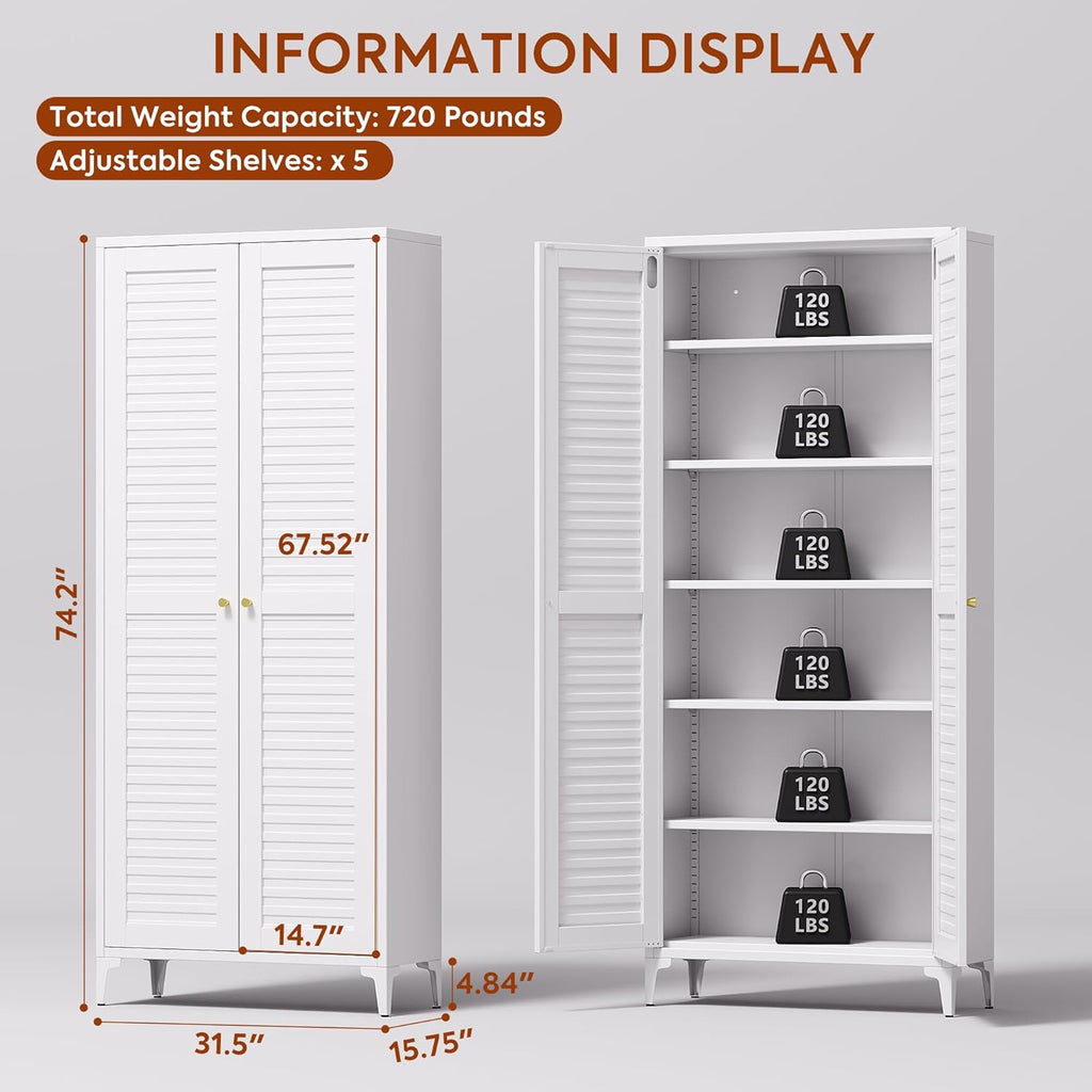 Metal Kitchen Pantry Cabinet with 2 Doors,Metal Pantry Cabinet with 5 Adjustable Shelves for Kitchen,Home,74.2" H × 31.5" W × 15.75" D,Required Assembly, White