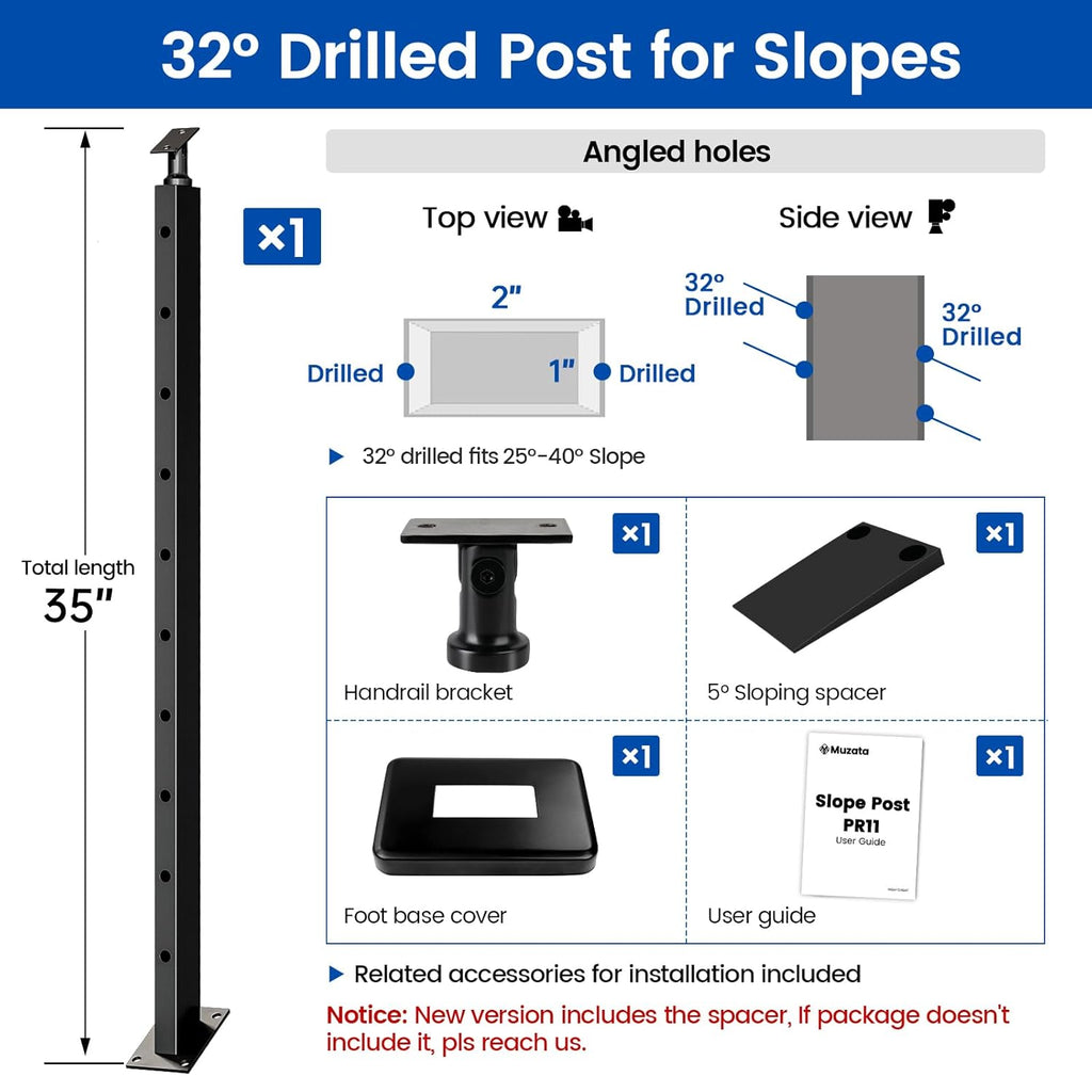 Muzata Black Slope Cable Railing Post 36 Inch for 25-40 Degrees Slope 36"x1"x2" T304 Stainless Steel Cable Railing System Kit Indoor Outdoor with User Guide and 5 Degree Spacer PR11 BA4S