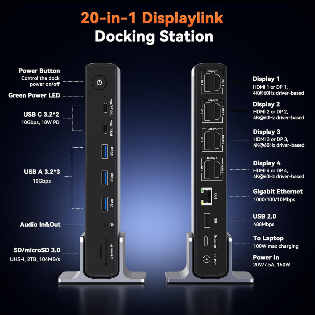 TobenONE DisplayLink Docking Station 4 Monitors  20-in-1 Quad 4K@60Hz HDMI Display with 150W Power Supply for Thunderbolt 5/4/3  USB-C Windows Chrome  MacBook/Mac mini(6 USB  Ethernet  SD/Micro SD)