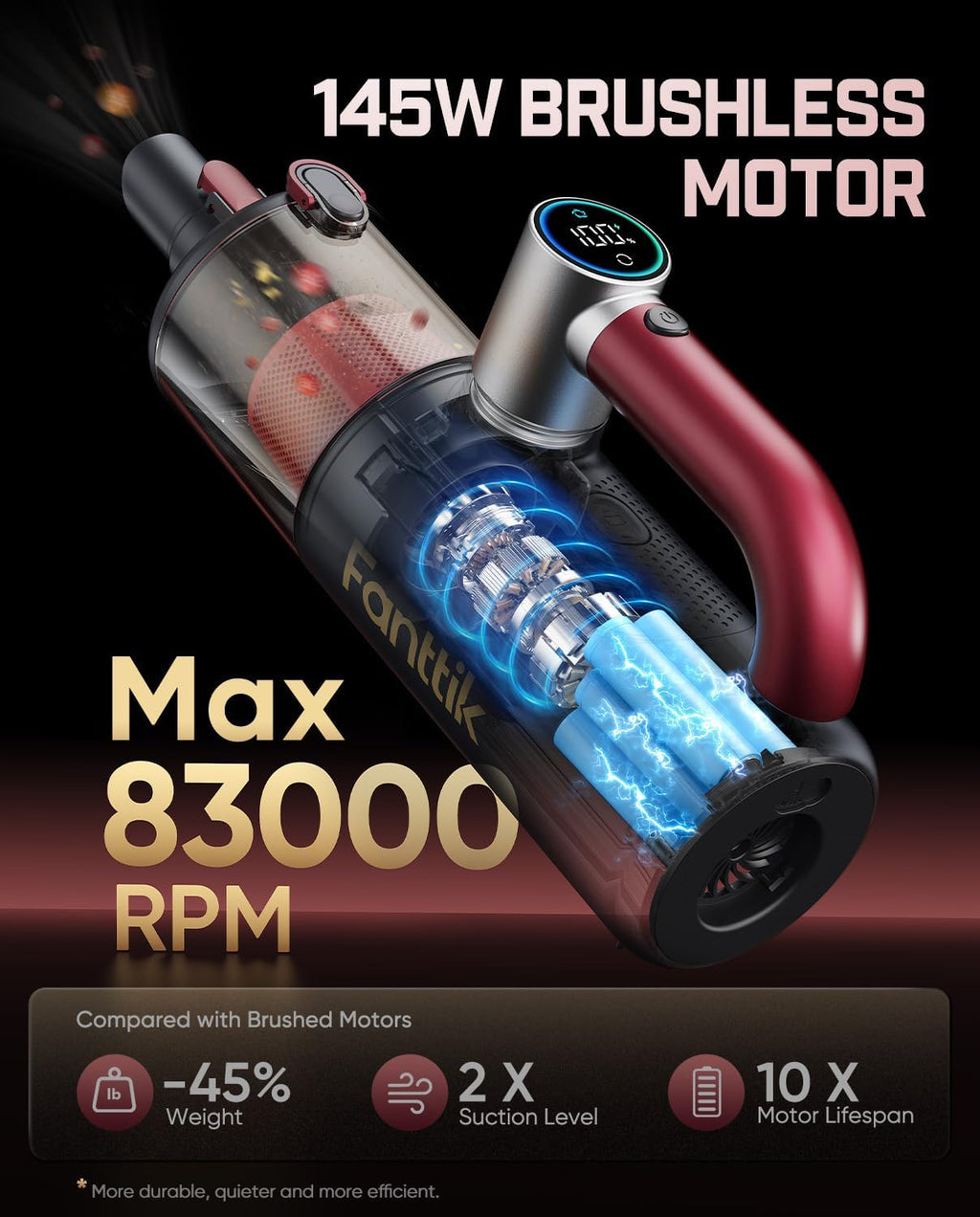 Fanttik Cruise V11 APEX Handheld Vacuum Cordless, 4-in-1 Vacuum Cleaner with 180° Rotatable Handle, 145W Brushless Motor, LED Touch Screen, 3 Suction Modes for Home Corners, Kitchen, Car, Crevices