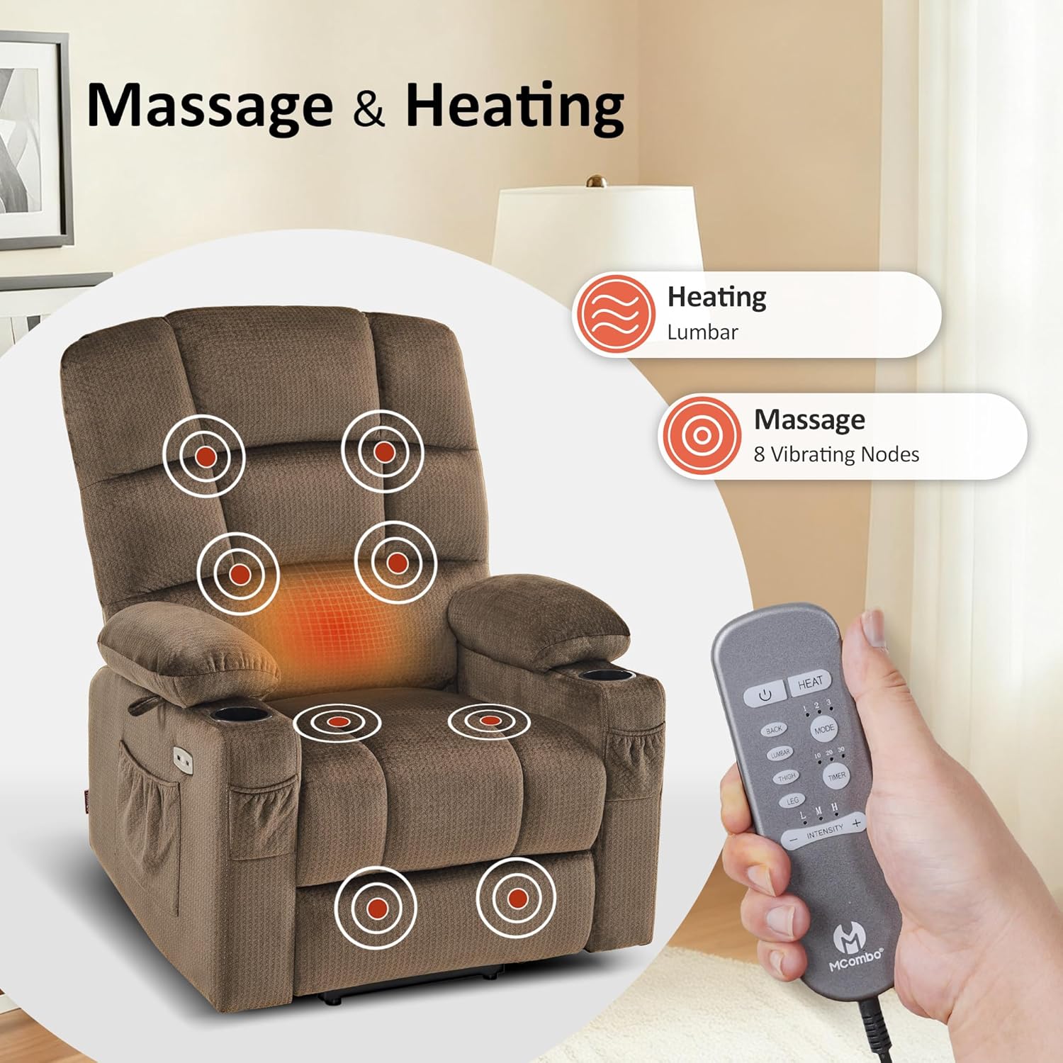 MCombo Large Dual Motor Power Lift Recliner Chair for Elderly, Massage and Heat, Lay Flat, Zero Gravity, Home Button, USB Port, Fabric 7680 (Large, Brown)