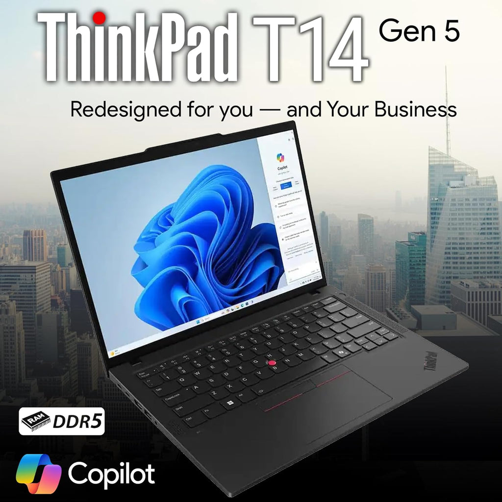 Lenovo ThinkPad T14 Gen 5 AI Business Laptop  14" FHD+ Display  Intel Ultra 7 155U  32GB DDR5 RAM  1TB SSD PCIe  Fingerprint  Backlit Keyboard  WiFi 6E + BT  RJ-45  HD Webcam  Win 11 Pro - Black