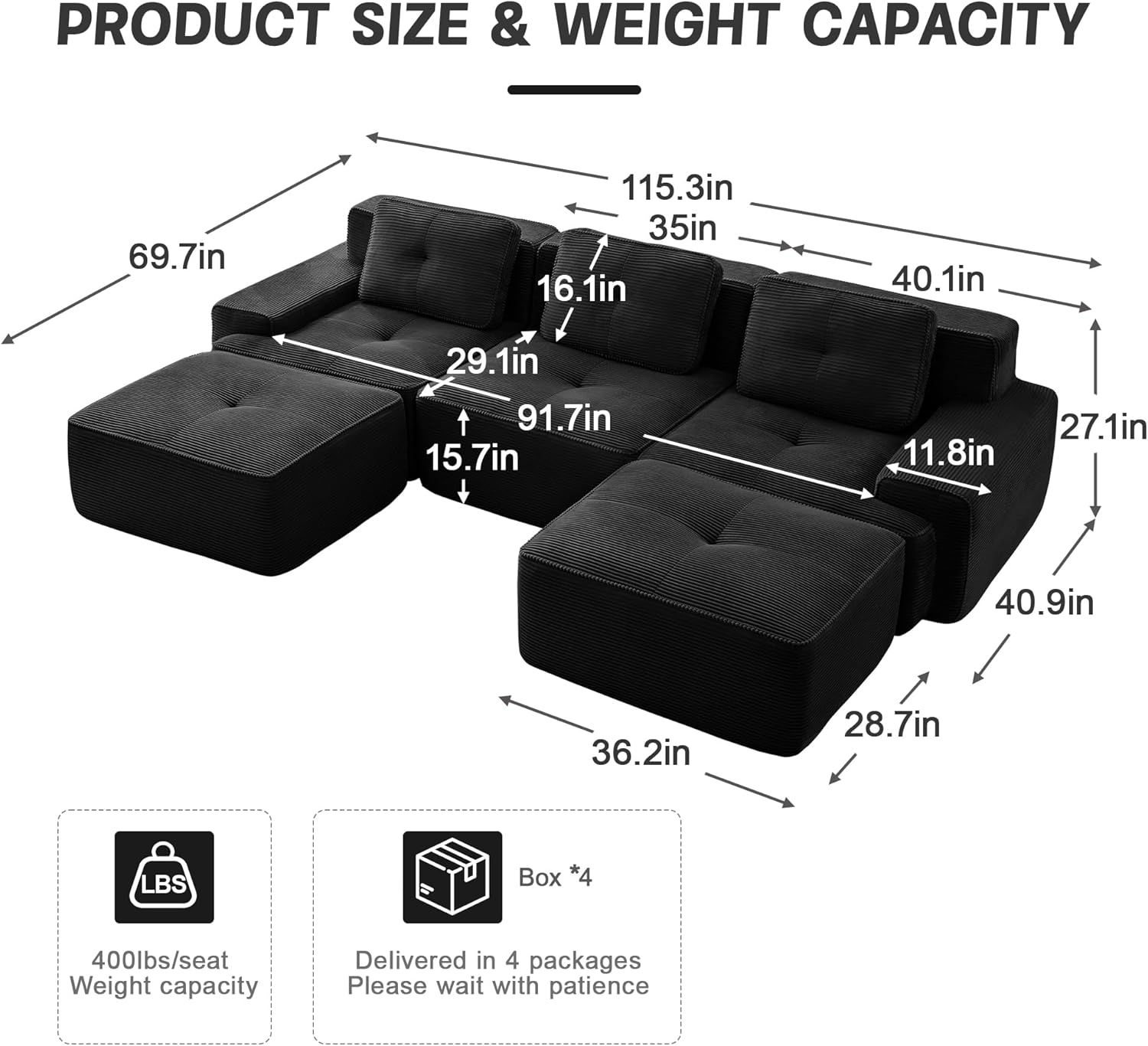 117" Modern Compressed Boneless Couch with Ottoman, 3 Seater Large U Shaped Sectional Couches for Living Room, Black Corduroy Cloud Modular Sectional Sofa, Memory Foam, Extra Deep, No Assembly