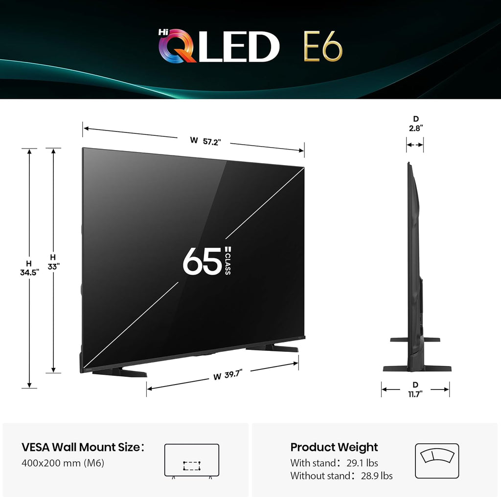 Hisense 65" E6 Cinema Series Hi-QLED 4K UHD Smart Fire TV (65E6QF  2025 Model) -AI Light Sensor  Dolby Vision · Atmos  Voice Remote with Alexa  Motion Rate 120  HDR 10+ Adaptive  Game Mode Plus