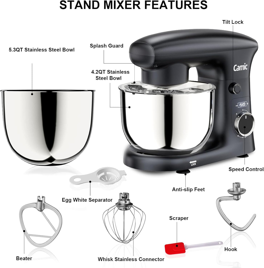 Camic Stand Mixer, 4.2QT+5.3QT Two bowls Electric Food Mixer, 10 Speeds with Digital setting 3-IN-1 Kitchen Mixer for Baking Cakes Cookie Bread Salad with Egg Whisk,Dough Hook,Flat Beater (Grey)