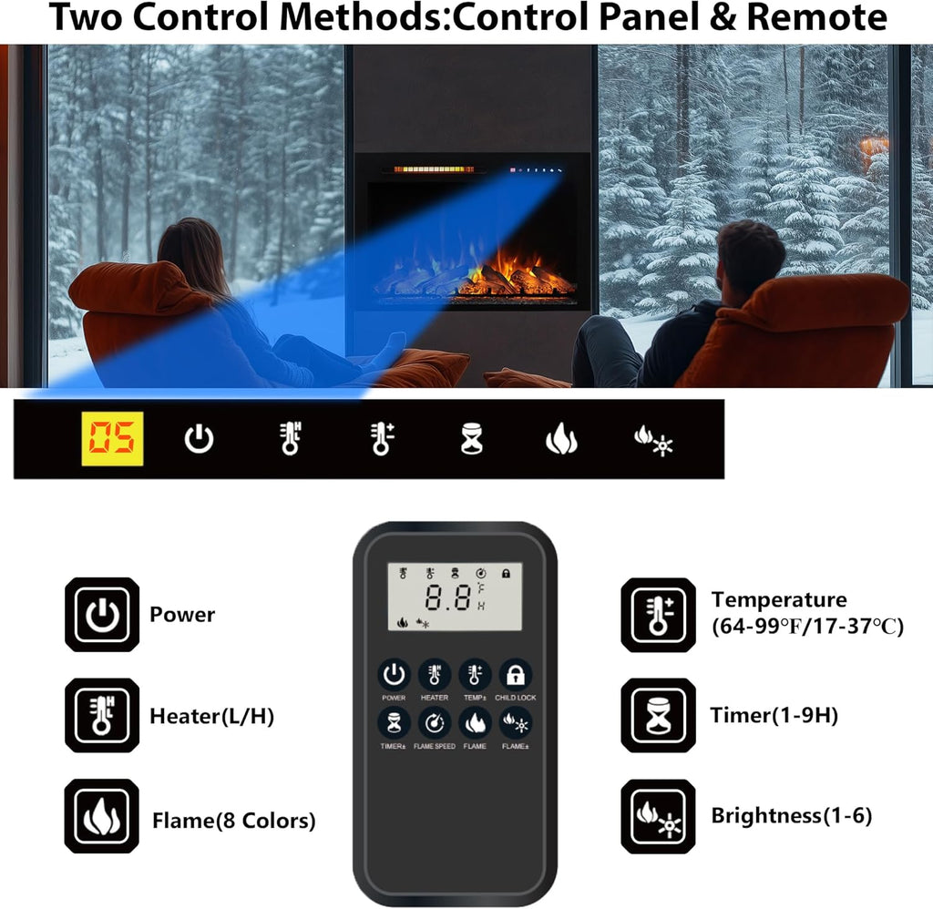 28 Inches Electric Fireplace Insert with Trim Kit, Wall Mounted & Recessed Electric Fireplace Inserts with 8 Flame Colors, Remote Control, 6 Levels Brightness, 9H Timer, Black, 1500W/750W