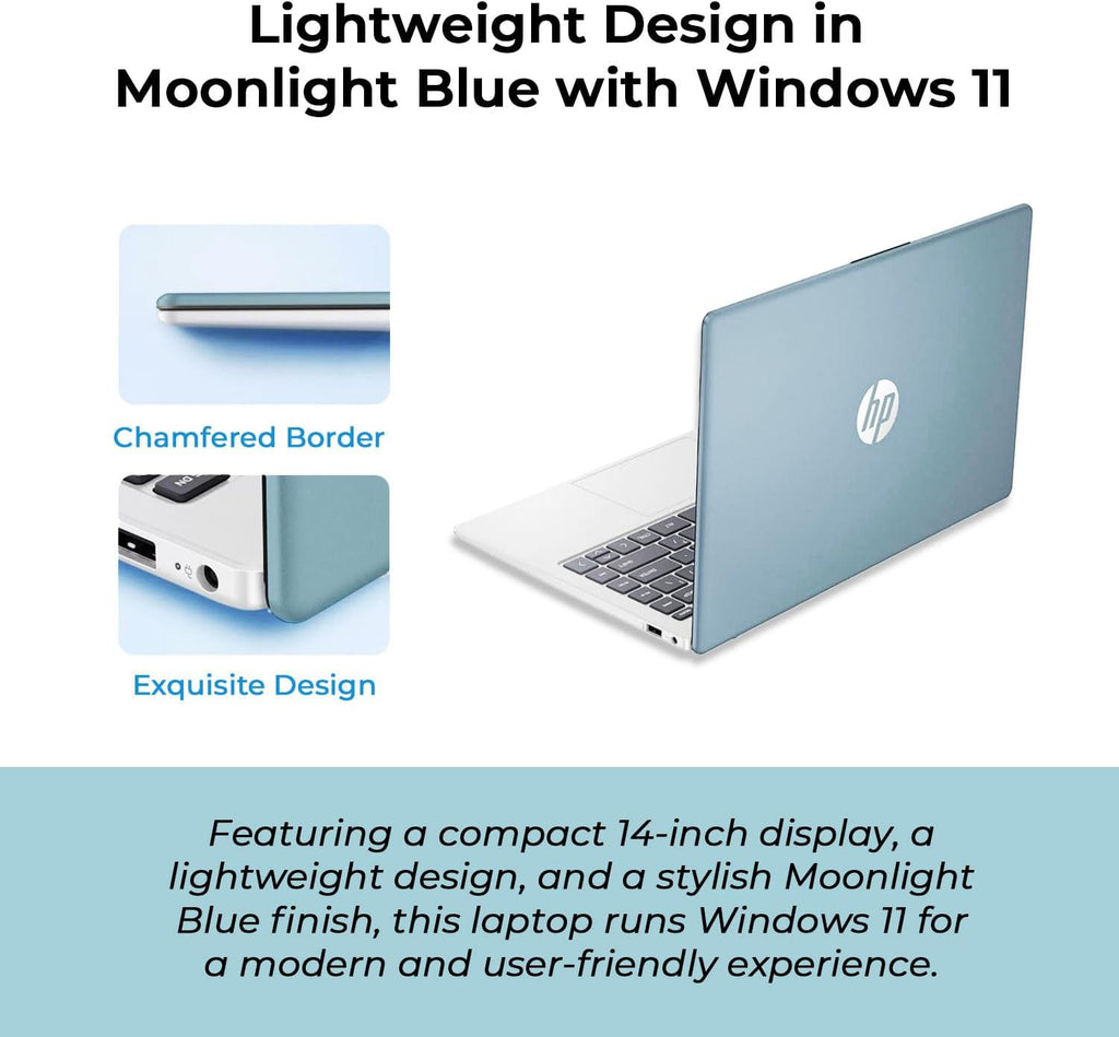 HP 14" Moonlight Blue Laptop with Office 365  AMD CPU  4GB DDR5 On-Board RAM  1.1TB Storage (128GB SSD and 1TB OneDrive)  HD Display  Windows 11  Energy-Efficient & Quiet Performance