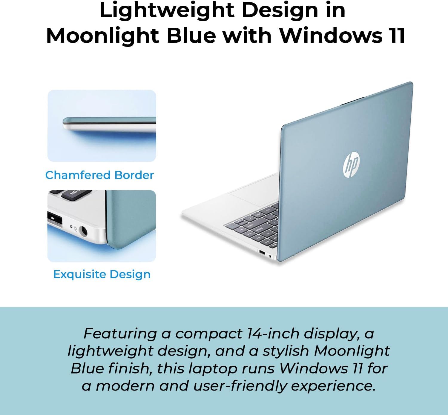 HP 14" Moonlight Blue Laptop with Office 365  AMD CPU  4GB DDR5 On-Board RAM  1.1TB Storage (128GB SSD and 1TB OneDrive)  HD Display  Windows 11  Energy-Efficient & Quiet Performance