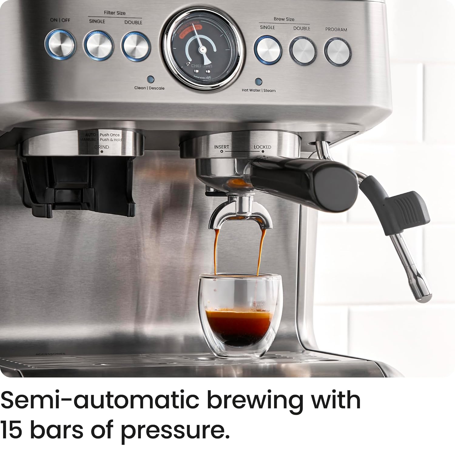 Chefman Crema Supreme 15 Bar Espresso Machine with Milk Frother, Barista Steam Wand, Professional Coffee Maker with Coffee Grinder, 30 Grind Settings, 3L Removable Water Tank - Stainless Steel