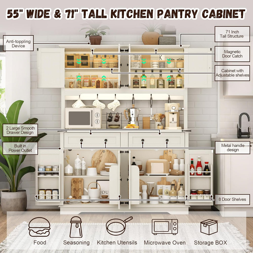 71" Tall Large Pantry Storage Cabinet w/Power Outlet,55" Wide Farmhouse Kitchen Hutch Storage Cabinet w/Barn Doors,2 Drawer,Large Countertop,LED Light,Rustic Coffee Bar,6 Hooks,8 Doors Shelves