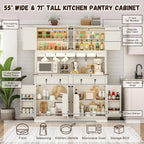 71" Tall Large Pantry Storage Cabinet w/Power Outlet,55" Wide Farmhouse Kitchen Hutch Storage Cabinet w/Barn Doors,2 Drawer,Large Countertop,LED Light,Rustic Coffee Bar,6 Hooks,8 Doors Shelves