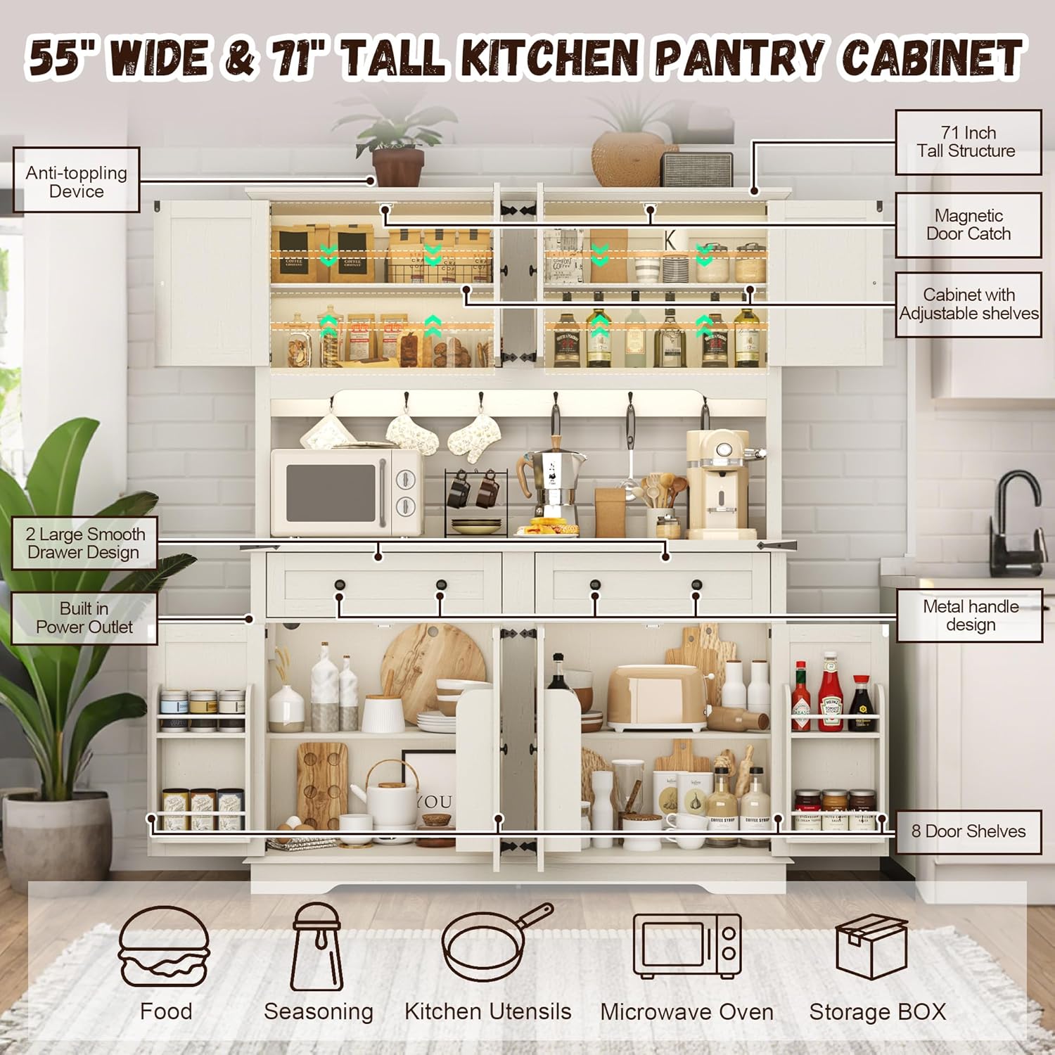 71" Tall Large Pantry Storage Cabinet w/Power Outlet,55" Wide Farmhouse Kitchen Hutch Storage Cabinet w/Barn Doors,2 Drawer,Large Countertop,LED Light,Rustic Coffee Bar,6 Hooks,8 Doors Shelves