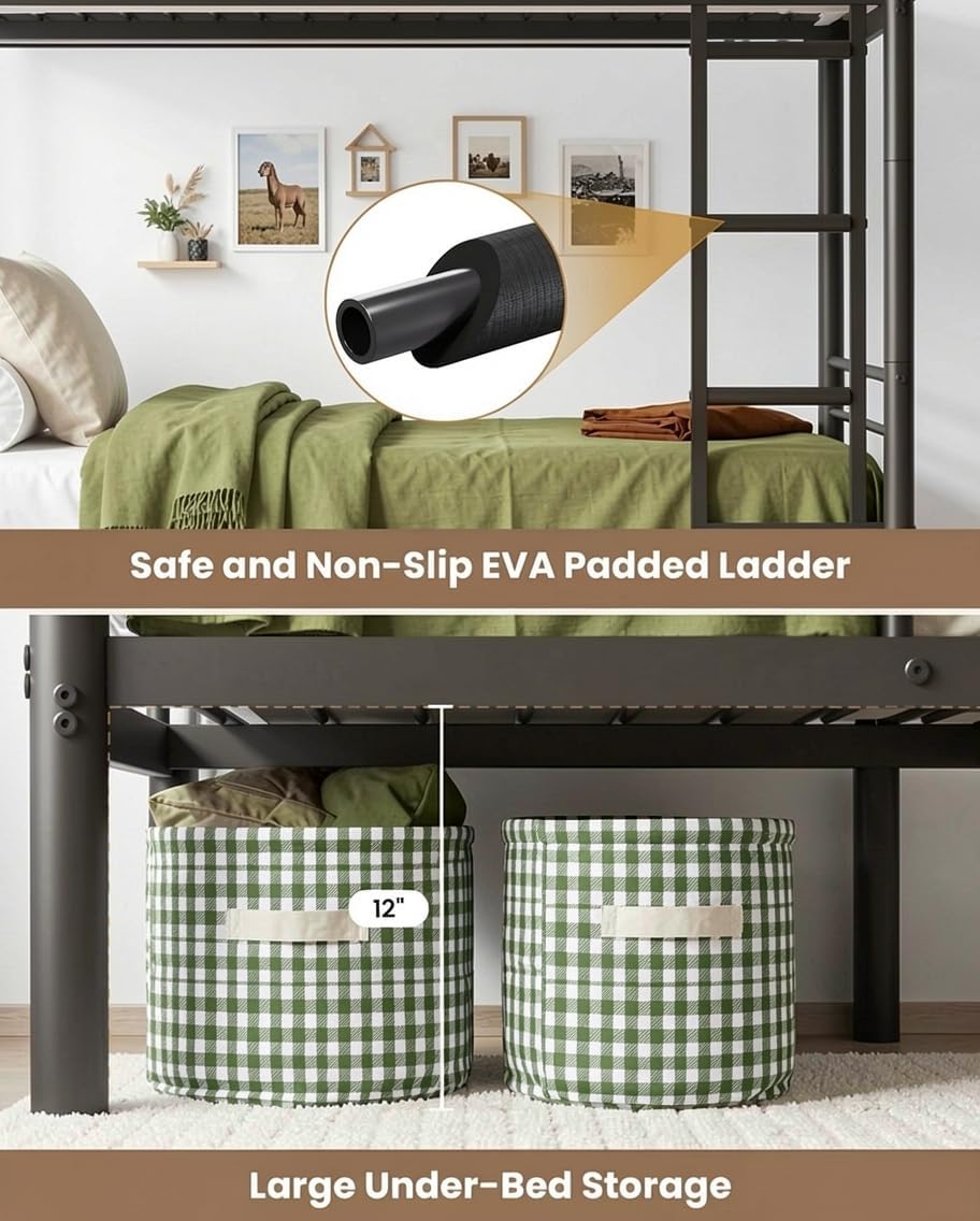 Full Over Full Bunk Bed, Convertible into 2 Full Beds, Heavy-Duty Metal Bed Frame with Safety Full-Length Guardrails & EVA Padded Ladder for Adults, Teens, Kids, No Box Spring Needed, Black
