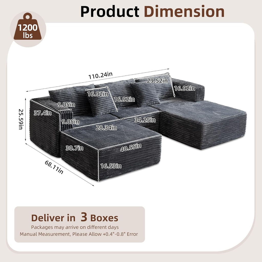 110" Modular Sectional Couch with 2 Movable Ottoman, Cloud Sofa Couches for Living Room, U Shaped Deep Seat Boneless Sofa,Luxury Corduroy Fabric, No Assembly Required Grey