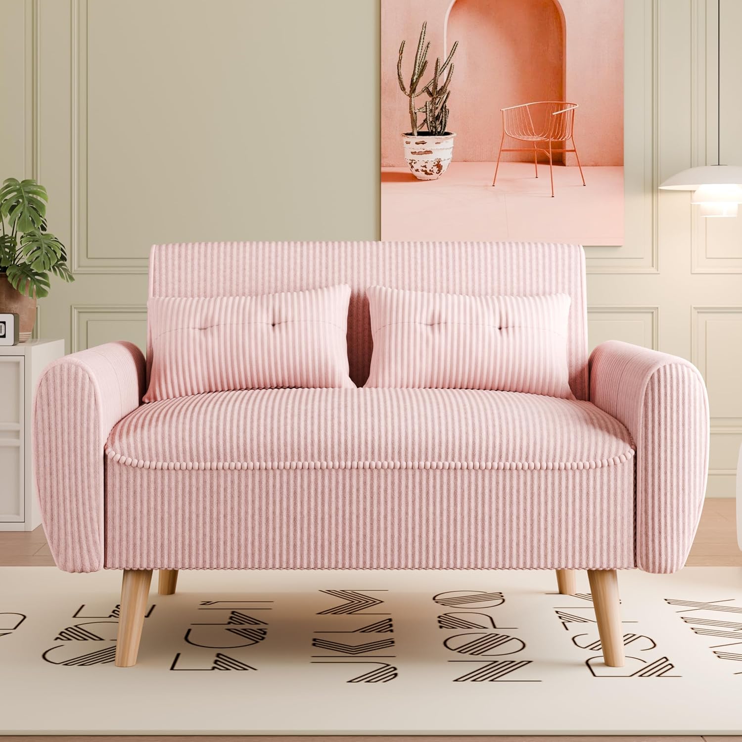 Vongrasig 47" Small Modern Loveseat Sofa, Mid Century Soft Corduroy Fabric 2-Seat Sofa Couch Tufted Love Seat with Back Cushions and Tapered Legs for Living Room, Bedroom and Small Space (Pink)