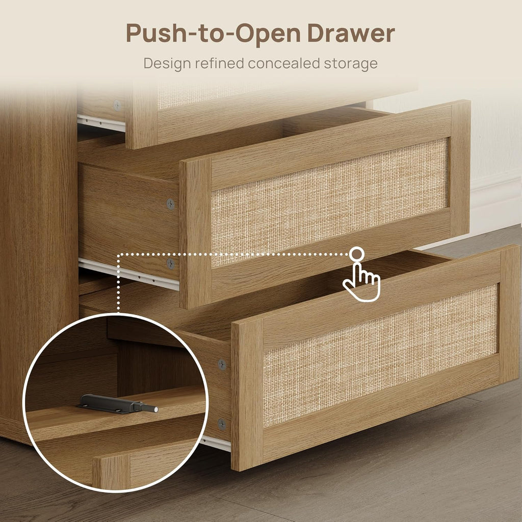 SICOTAS Rattan Nightstand Set of 2, 26.8" Wide Oversized 3 Drawer Night Stands, Boho Bedside End Tables with Push-Close & Kid-Safe Rounded Edge for Bedroom Guest Room Home Office Entryway, Amber Oak
