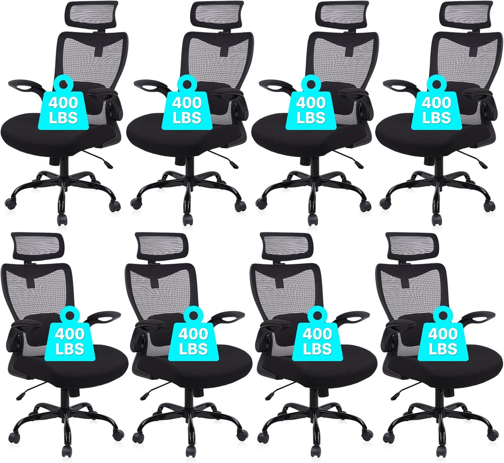 CLATINA Heavy Duty Ergonomic Mesh Office Chair 400LBS, Big and Tall Desk Chair with Adjustable Lumbar Support & Headrest, Flip Up Padded Arms, High Back Computer Chair for Home Office, Black, 8 Pack